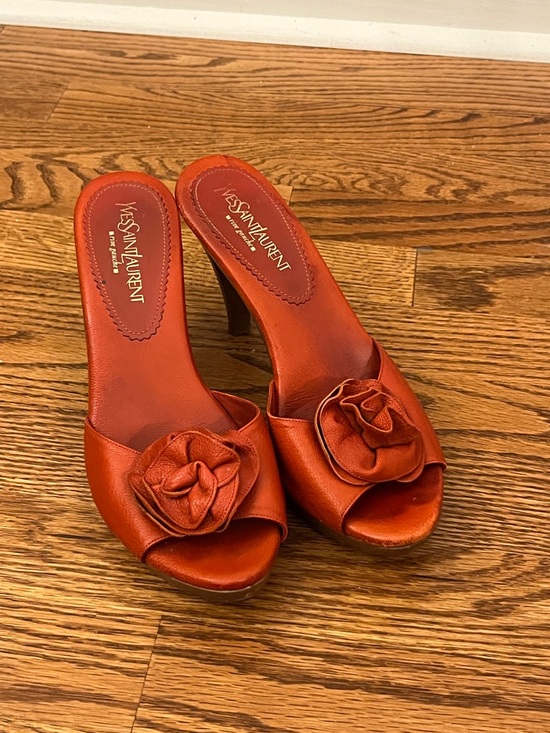 Yves Saint Laurent Shoes - Yves Saint Laurent Orange Leather Slide with Floral Rosette
